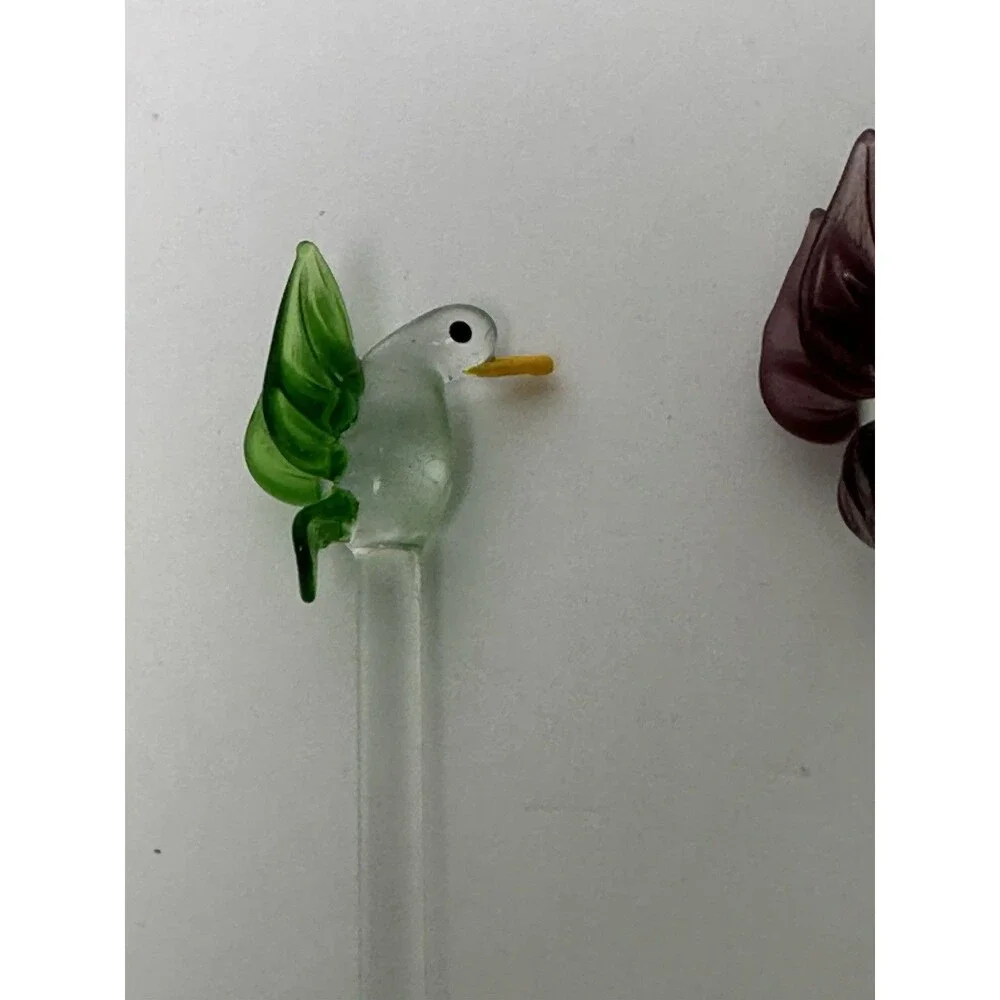 4 Vtg MCM Hand Blown Art Glass Bird Swizzle Stir Sticks Blue Green Yellow Purple